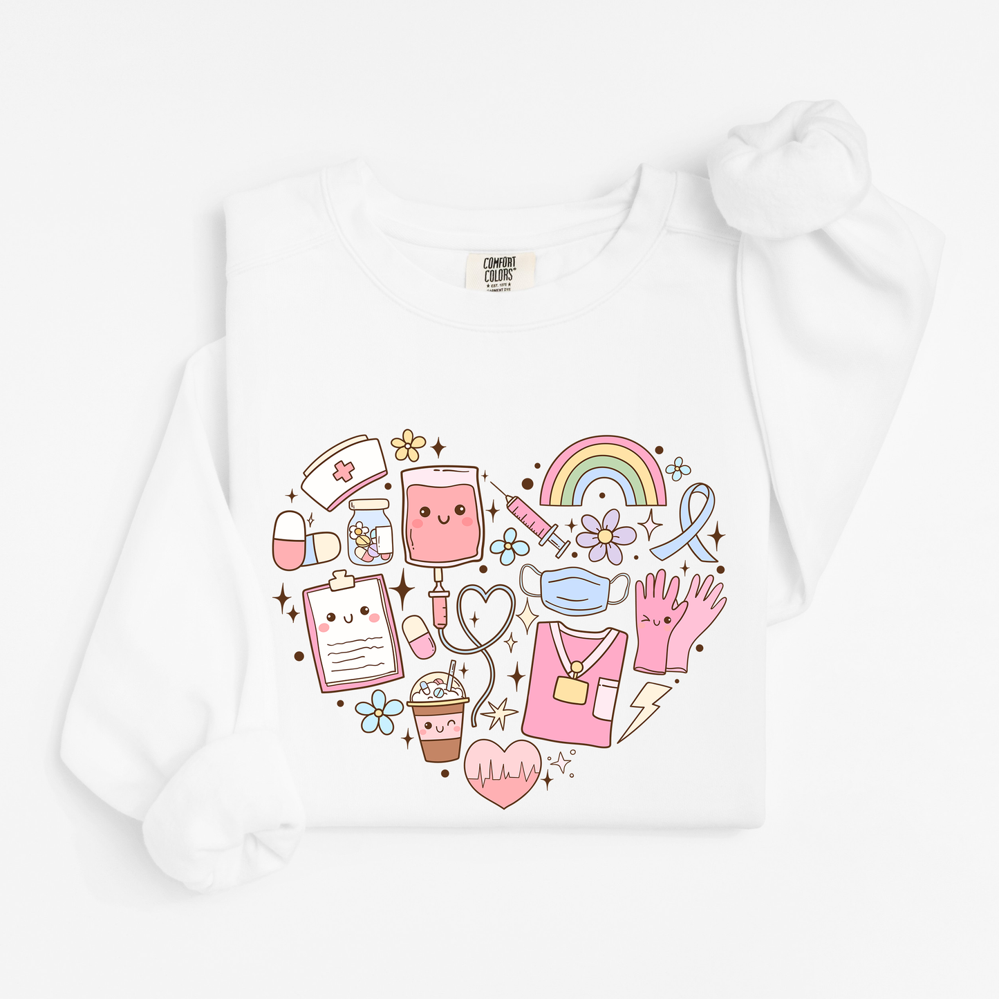 Kawaii Nurse Heart Sweatshirt – Cute Medical Doodle Crewneck for Nurses