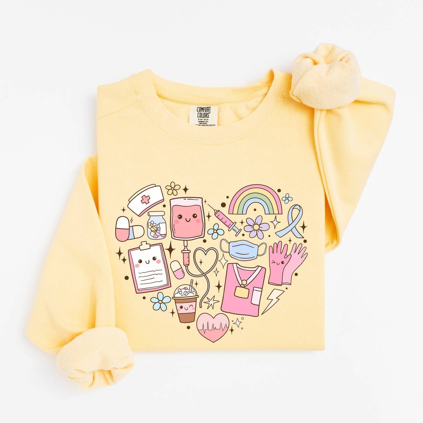 Kawaii Nurse Heart Sweatshirt – Cute Medical Doodle Crewneck for Nurses
