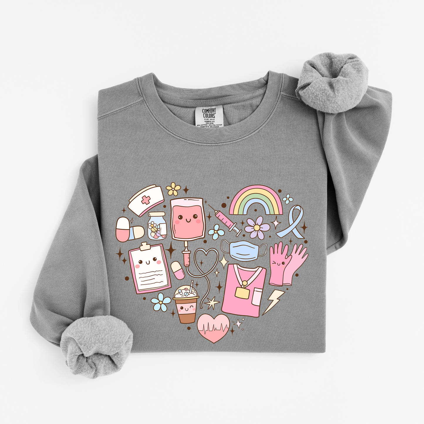 Kawaii Nurse Heart Sweatshirt – Cute Medical Doodle Crewneck for Nurses