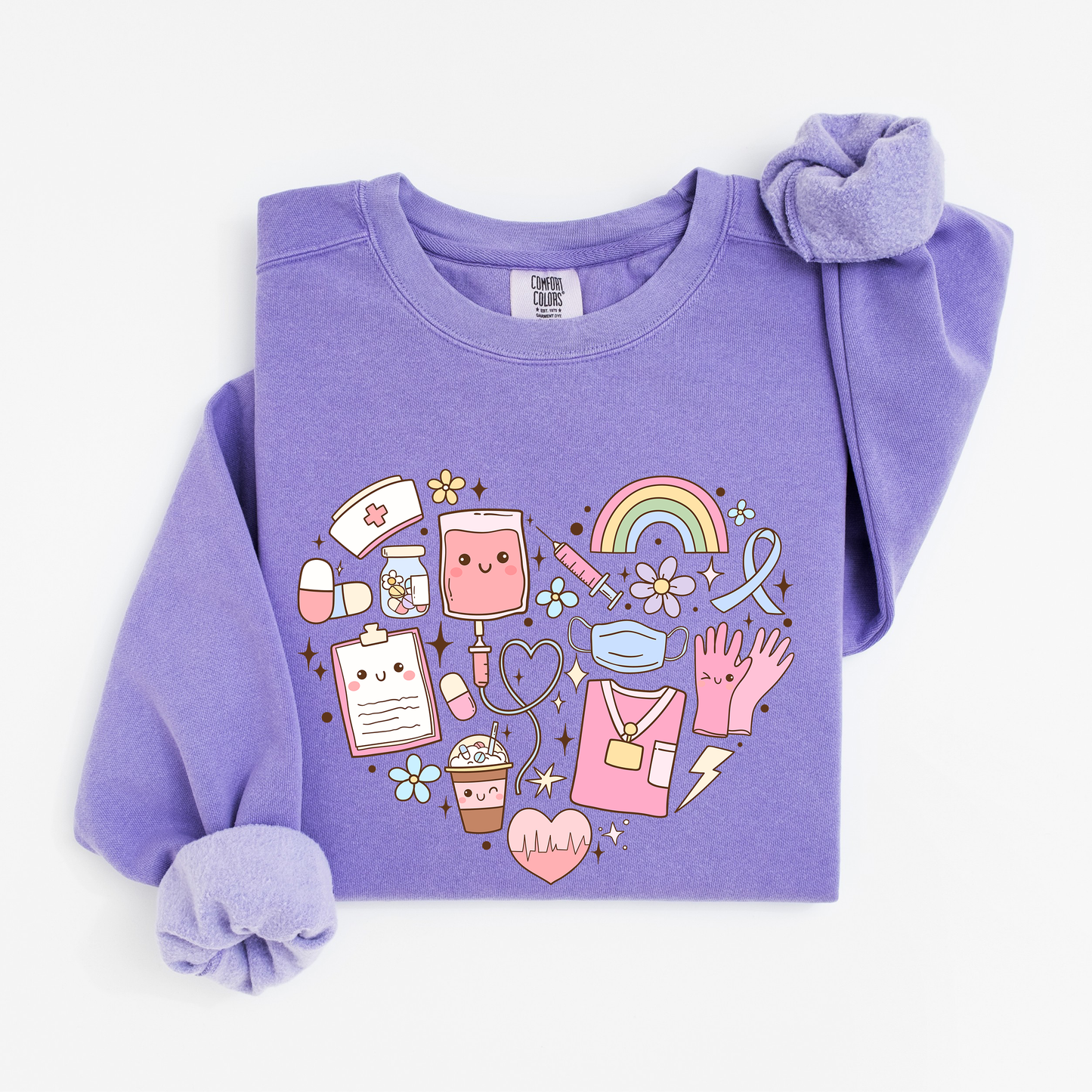 Kawaii Nurse Heart Sweatshirt – Cute Medical Doodle Crewneck for Nurses
