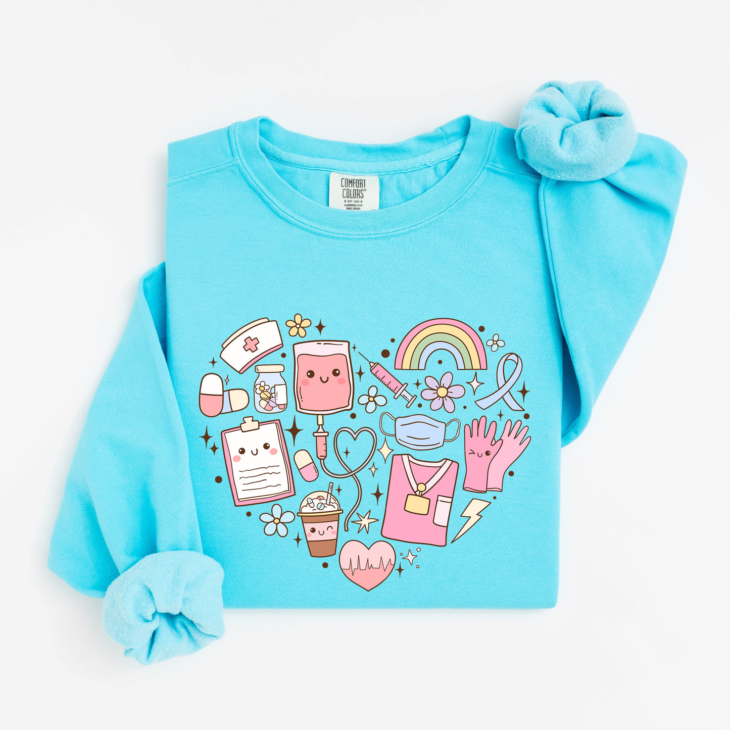 Kawaii Nurse Heart Sweatshirt – Cute Medical Doodle Crewneck for Nurses