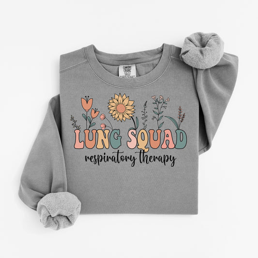 Lung Squad Sweatshirt – Groovy Floral Crewneck for Respiratory Nurses & RTs
