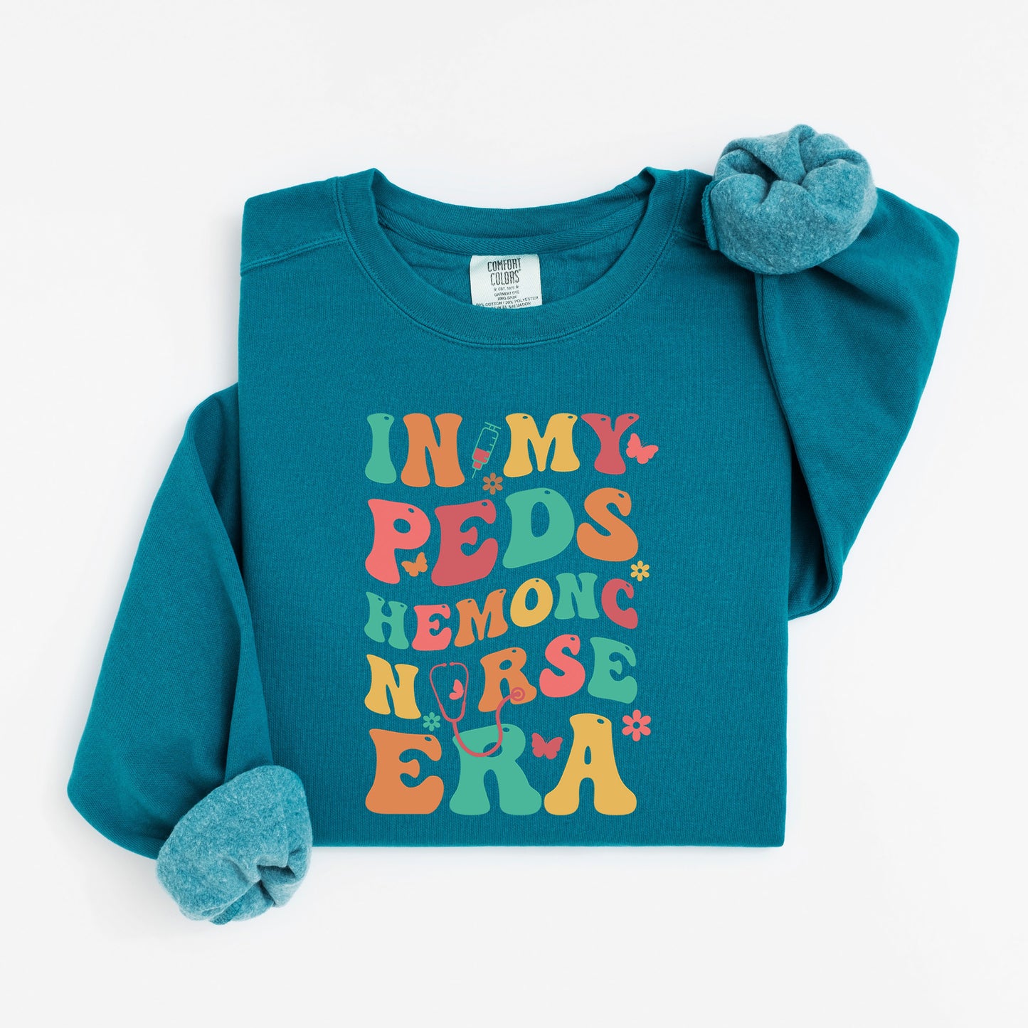 In My PEDS Hemonc Nurse Era Sweatshirt – Colorful Groovy Crewneck for Pediatric Oncology Nurses