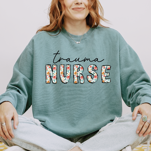 Trauma Nurse Sweatshirt – Floral & Script Crewneck for Emergency Nurses