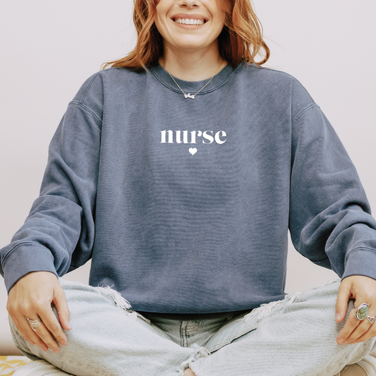 Minimalist Nurse Sweatshirt – Simple Serif Crewneck with Heart Detail