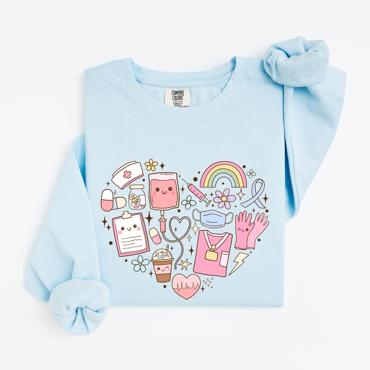 Kawaii Nurse Heart Sweatshirt – Cute Medical Doodle Crewneck for Nurses