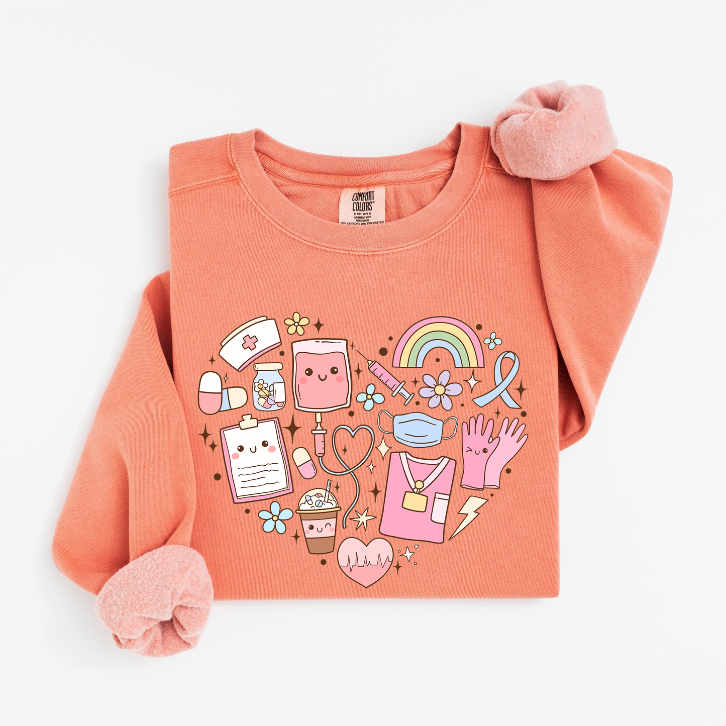 Kawaii Nurse Heart Sweatshirt – Cute Medical Doodle Crewneck for Nurses