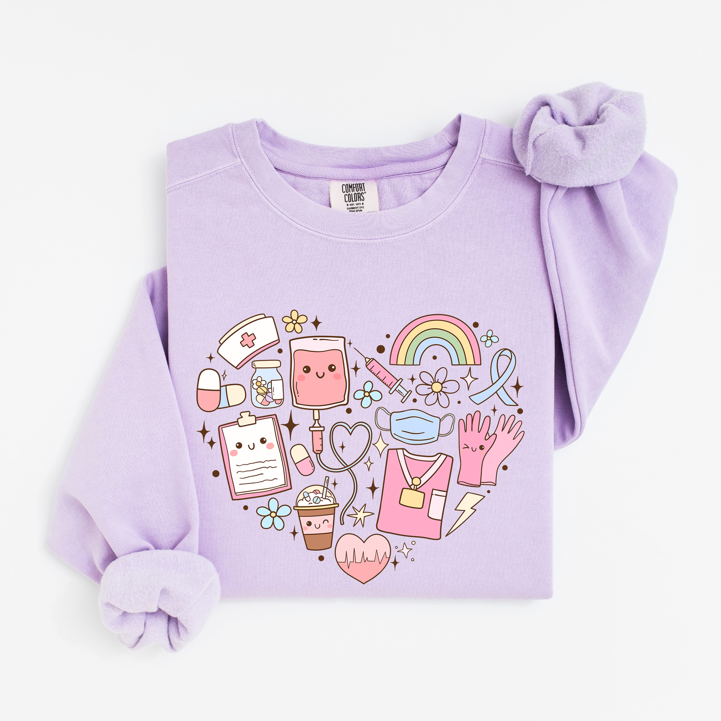 Kawaii Nurse Heart Sweatshirt – Cute Medical Doodle Crewneck for Nurses