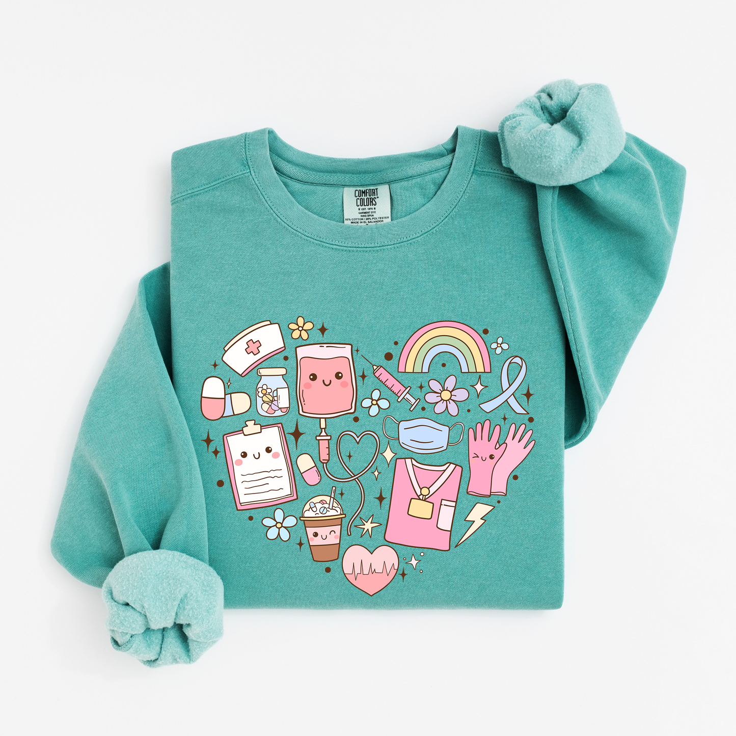Kawaii Nurse Heart Sweatshirt – Cute Medical Doodle Crewneck for Nurses