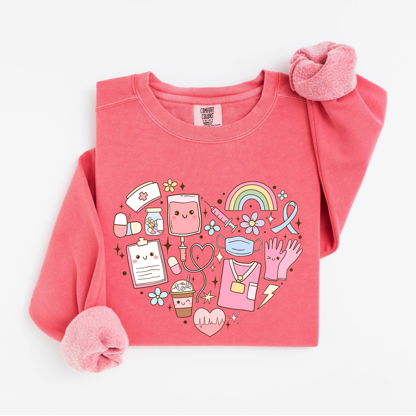 Kawaii Nurse Heart Sweatshirt – Cute Medical Doodle Crewneck for Nurses