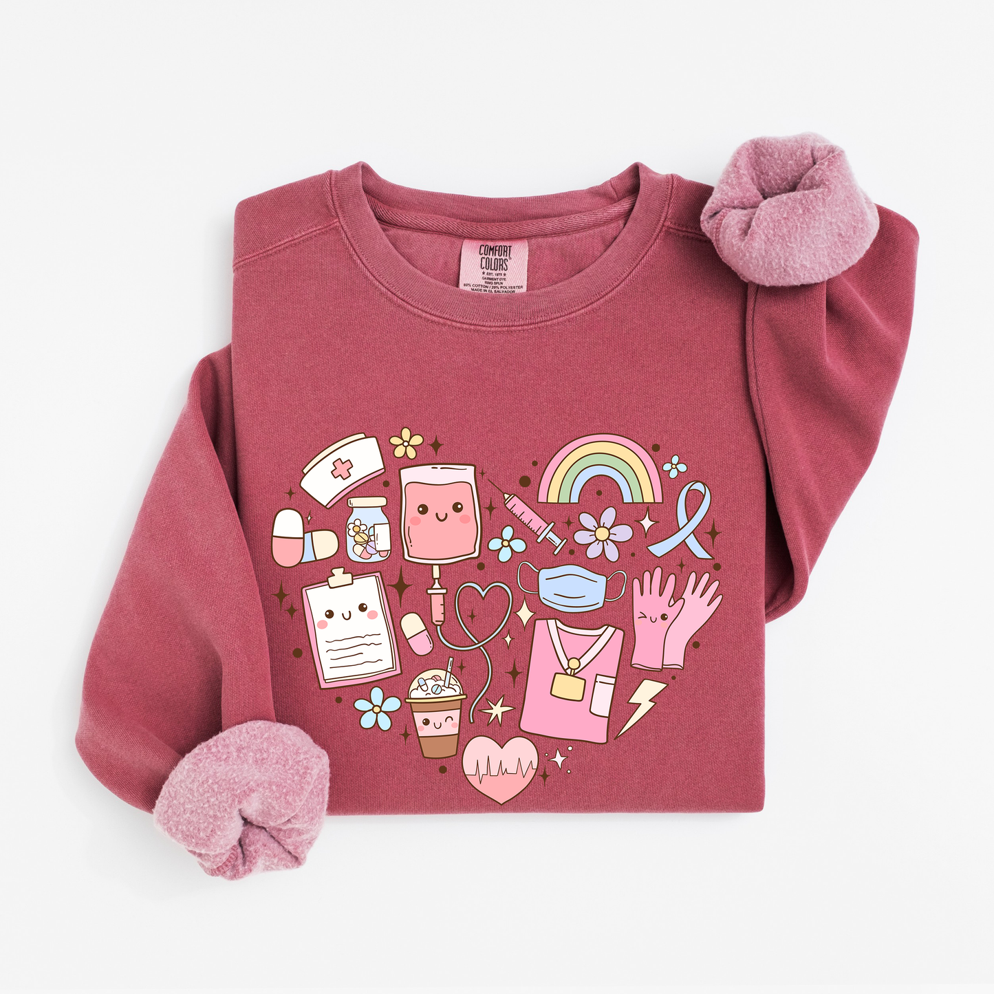 Kawaii Nurse Heart Sweatshirt – Cute Medical Doodle Crewneck for Nurses