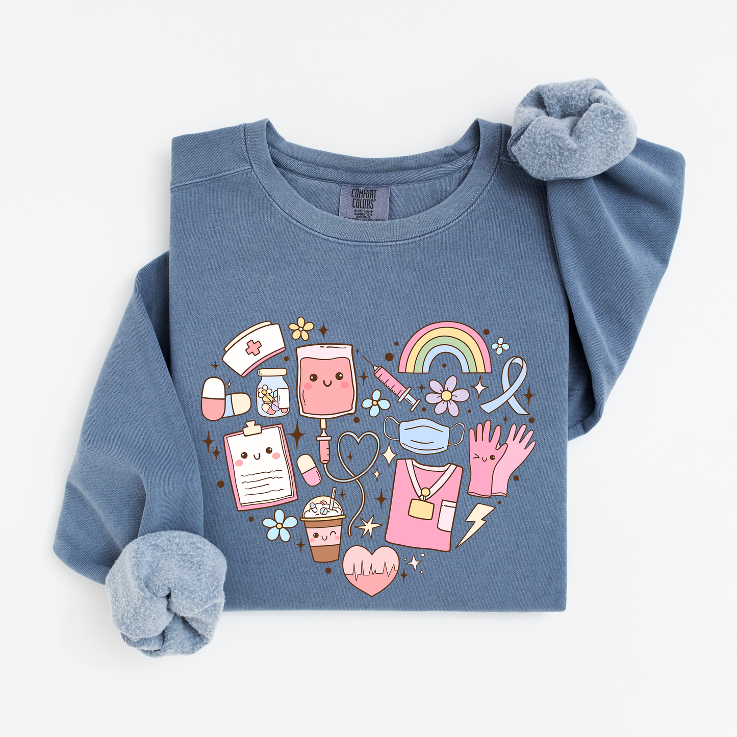 Kawaii Nurse Heart Sweatshirt – Cute Medical Doodle Crewneck for Nurses