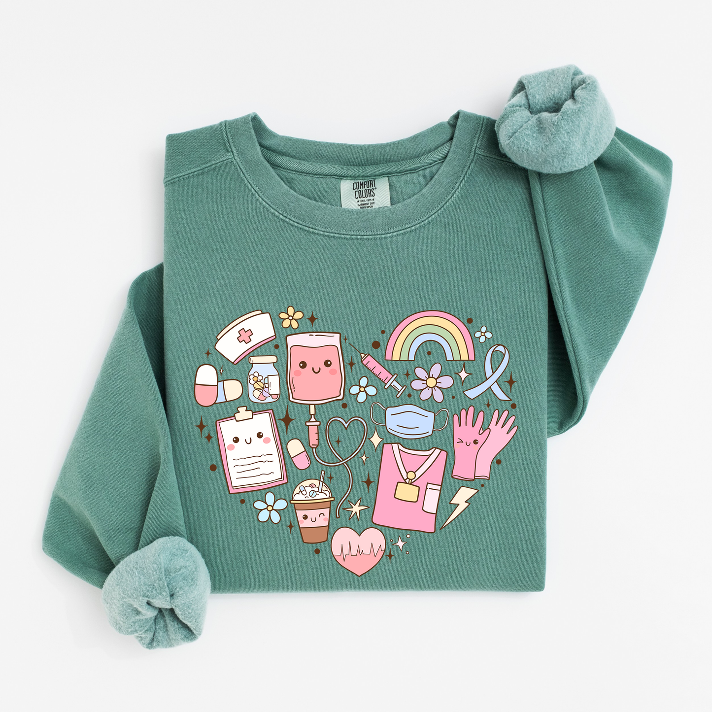 Kawaii Nurse Heart Sweatshirt – Cute Medical Doodle Crewneck for Nurses