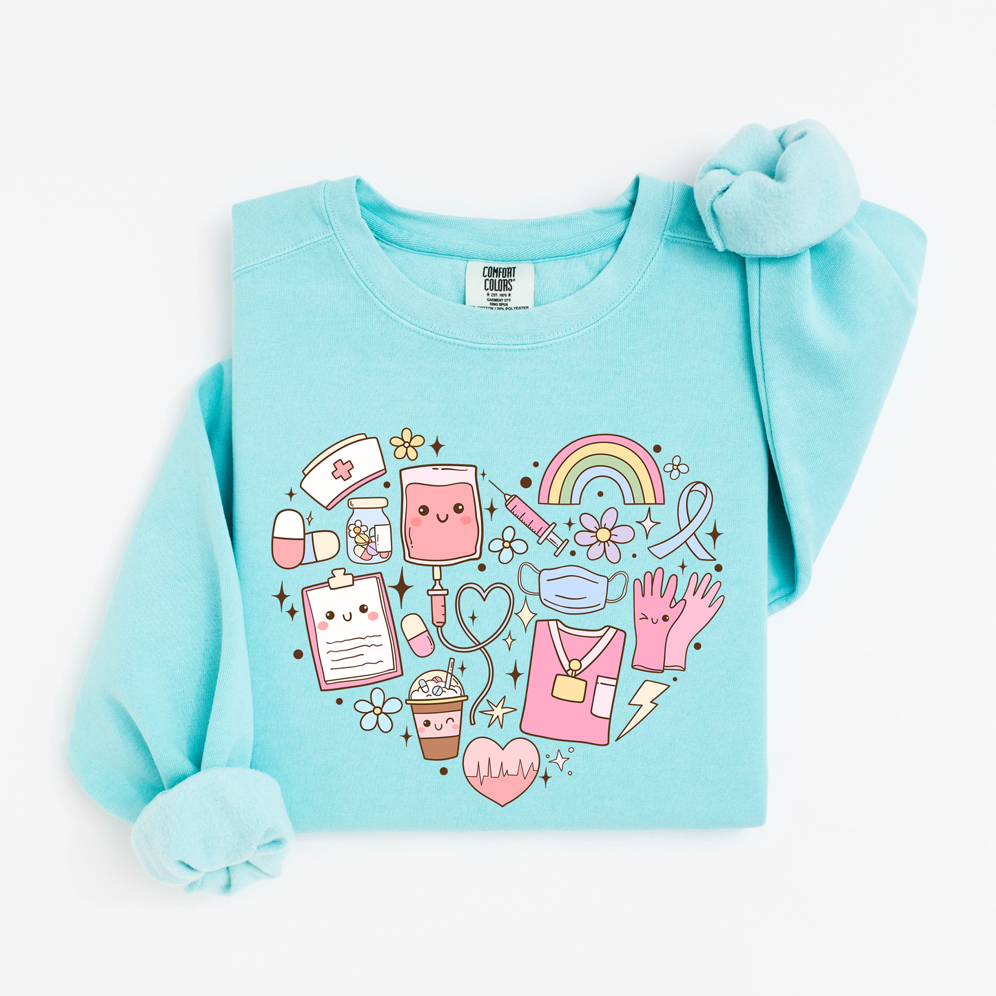 Kawaii Nurse Heart Sweatshirt – Cute Medical Doodle Crewneck for Nurses
