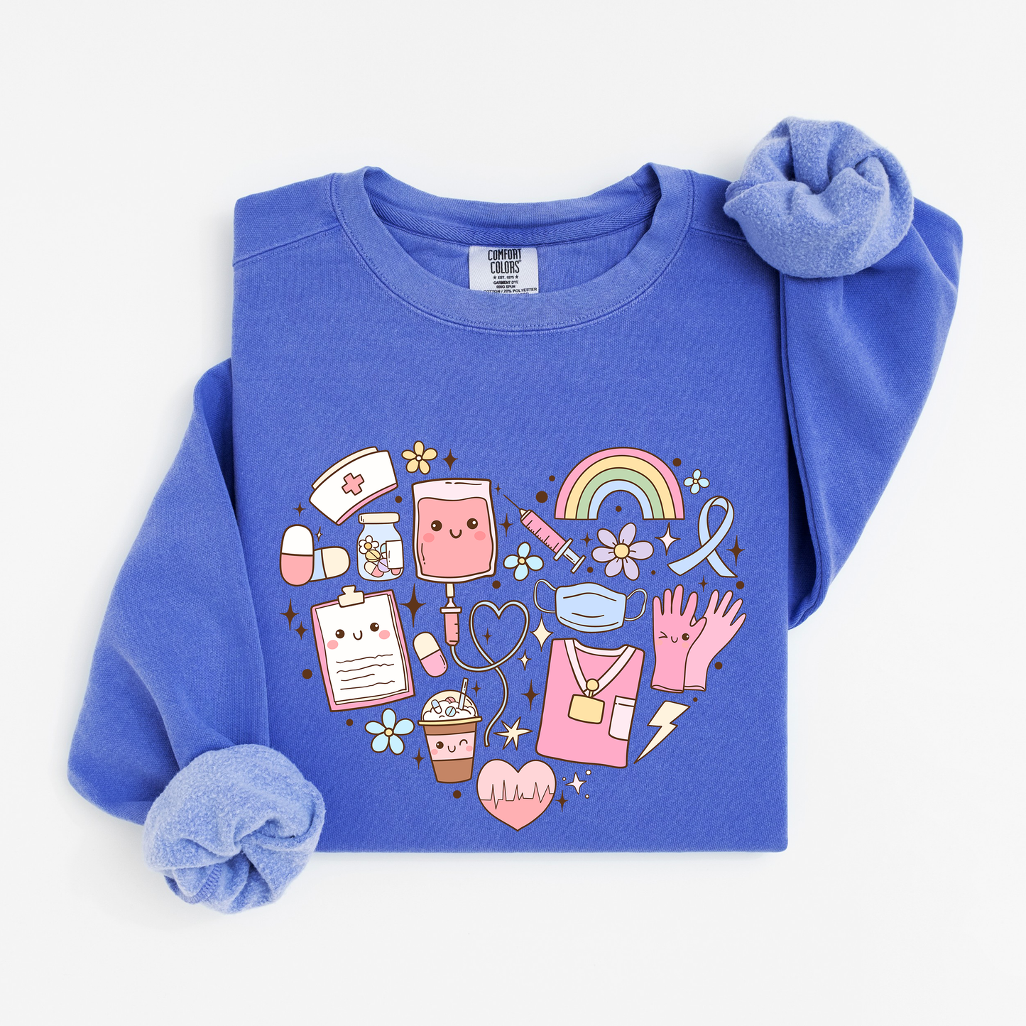 Kawaii Nurse Heart Sweatshirt – Cute Medical Doodle Crewneck for Nurses