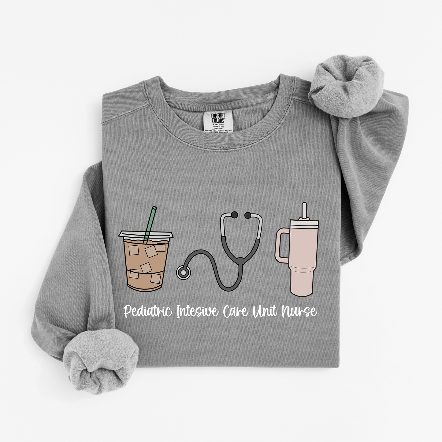 PICU Nurse Essentials Sweatshirt – Coffee, Stanley, and Stethoscope Crewneck