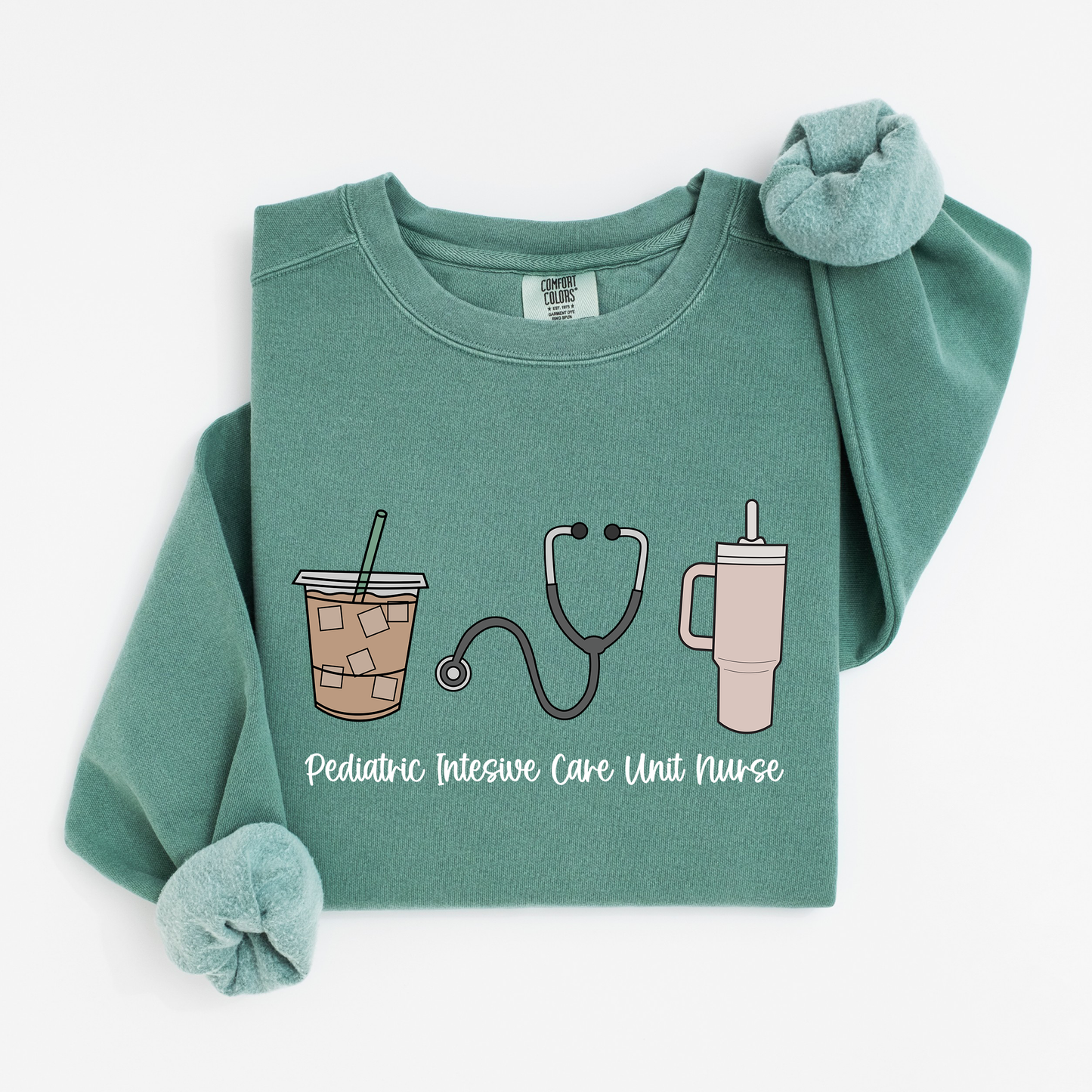 PICU Nurse Essentials Sweatshirt – Coffee, Stanley, and Stethoscope Crewneck