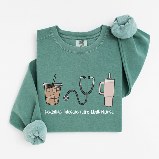 PICU Nurse Essentials Sweatshirt – Coffee, Stanley, and Stethoscope Crewneck