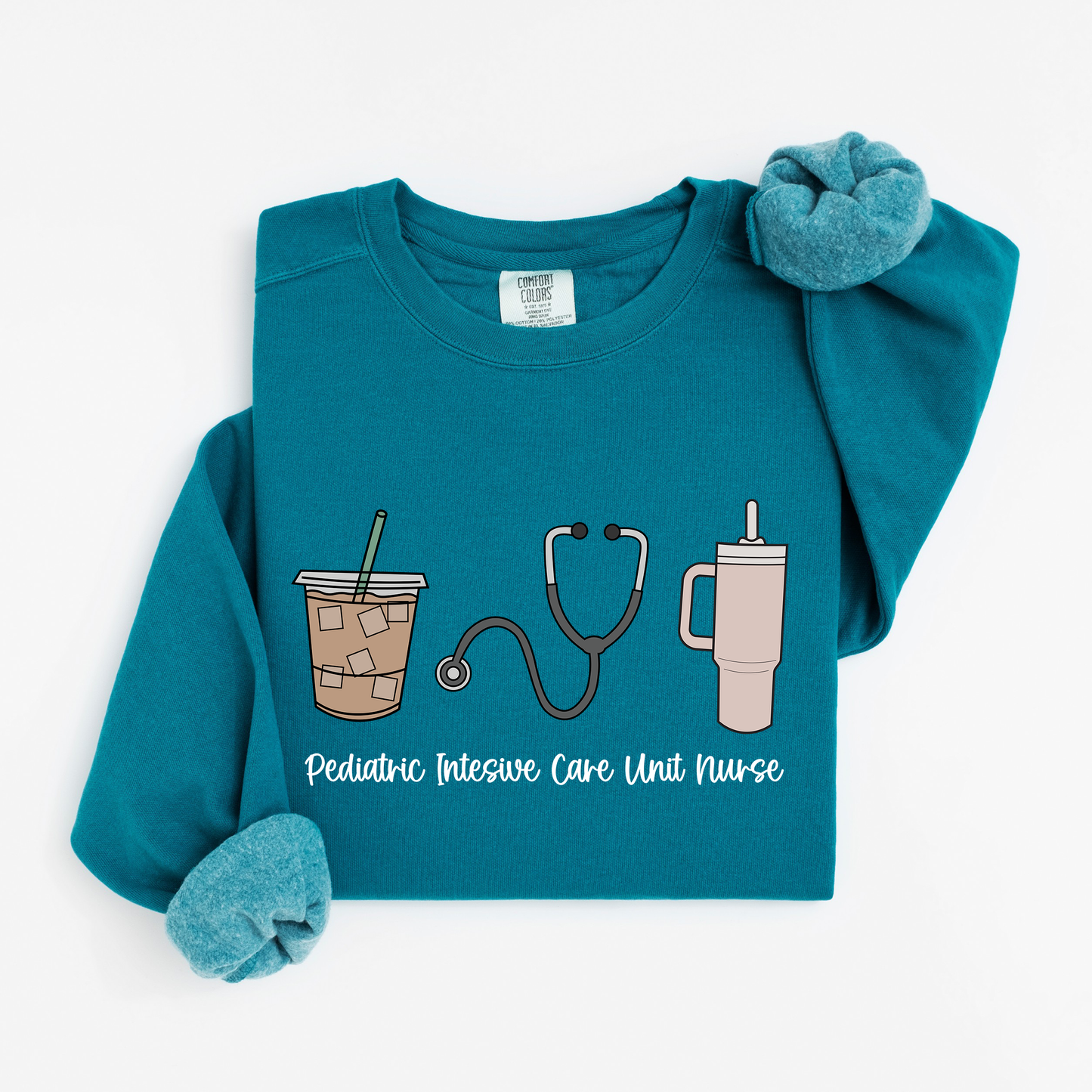 PICU Nurse Essentials Sweatshirt – Coffee, Stanley, and Stethoscope Crewneck