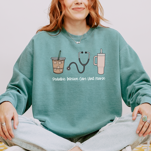 PICU Nurse Essentials Sweatshirt – Coffee, Stanley, and Stethoscope Crewneck