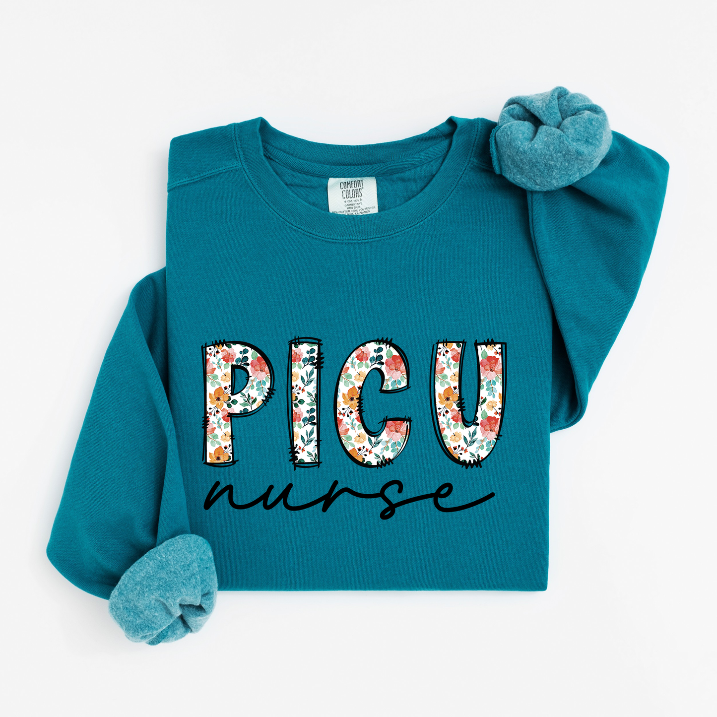 Floral PICU Nurse Sweatshirt – Soft & Stylish Crewneck for Pediatric ICU Nurses