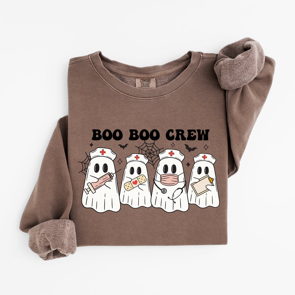 Espresso Boo Boo Crew nurse ghost sweatshirt flat lay, four nurse ghosts with syringe, bandage, stethoscope and clipboard, Comfort Colors 1466