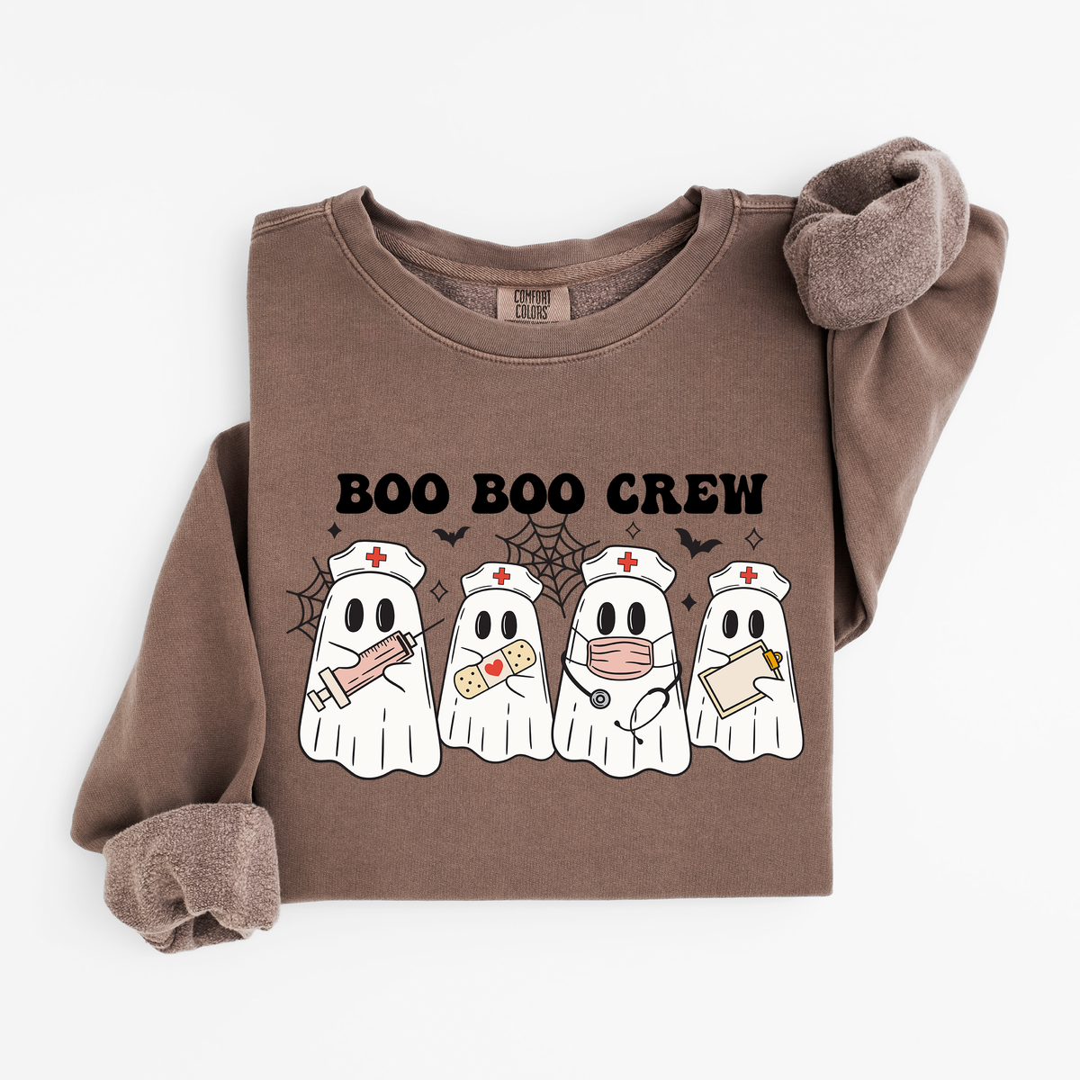 Espresso Boo Boo Crew nurse ghost sweatshirt flat lay, four nurse ghosts with syringe, bandage, stethoscope and clipboard, Comfort Colors 1466