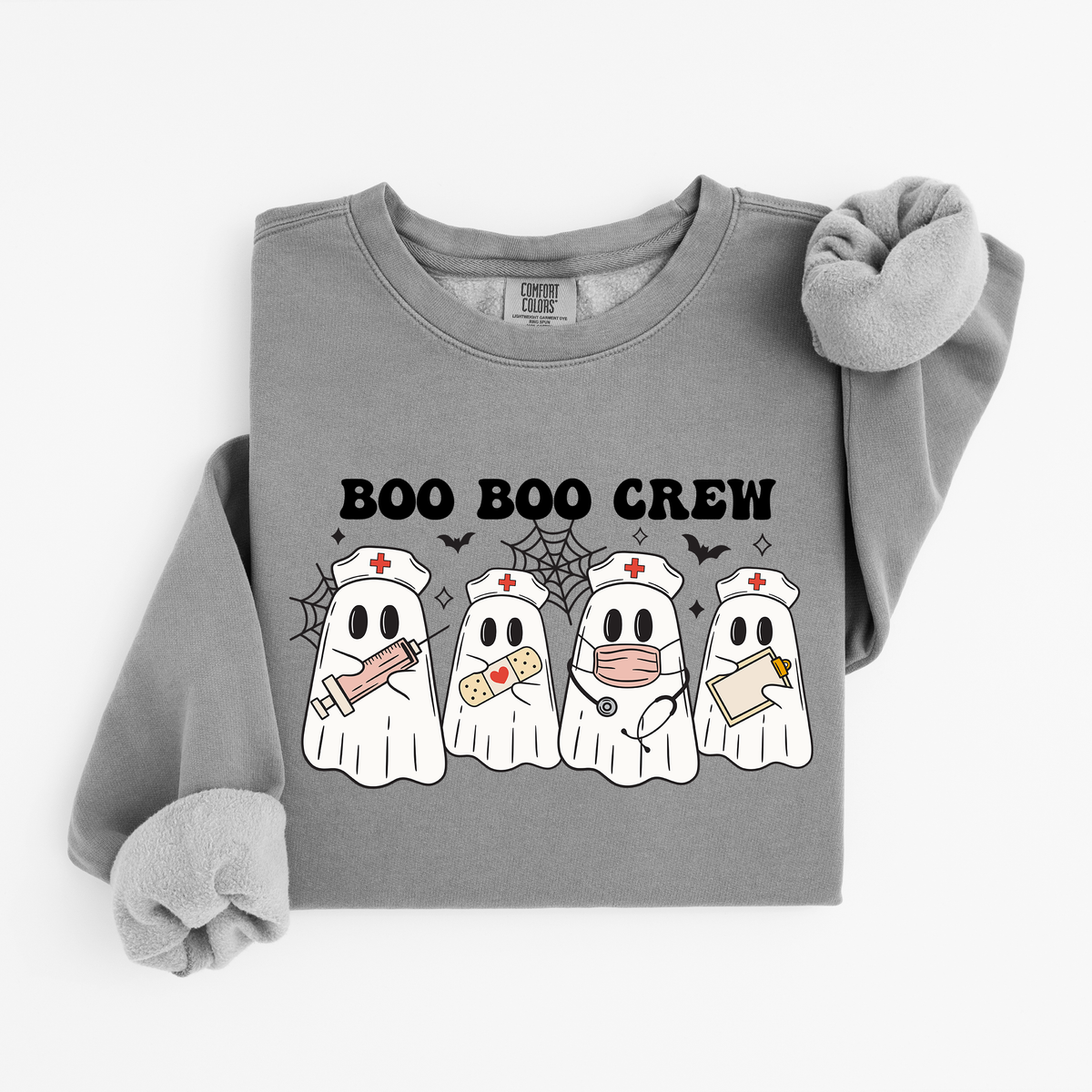 Grey Boo Boo Crew nurse ghost sweatshirt flat lay, four nurse ghosts with syringe, bandage, stethoscope and clipboard, Comfort Colors 1466