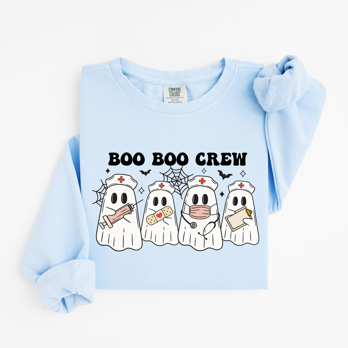 Hydrangea Boo Boo Crew nurse ghost sweatshirt flat lay, four nurse ghosts with syringe, bandage, stethoscope and clipboard, Comfort Colors 1466