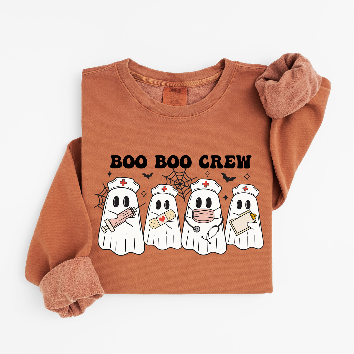 Yam Boo Boo Crew nurse ghost sweatshirt flat lay, four nurse ghosts with syringe, bandage, stethoscope and clipboard, Comfort Colors 1466