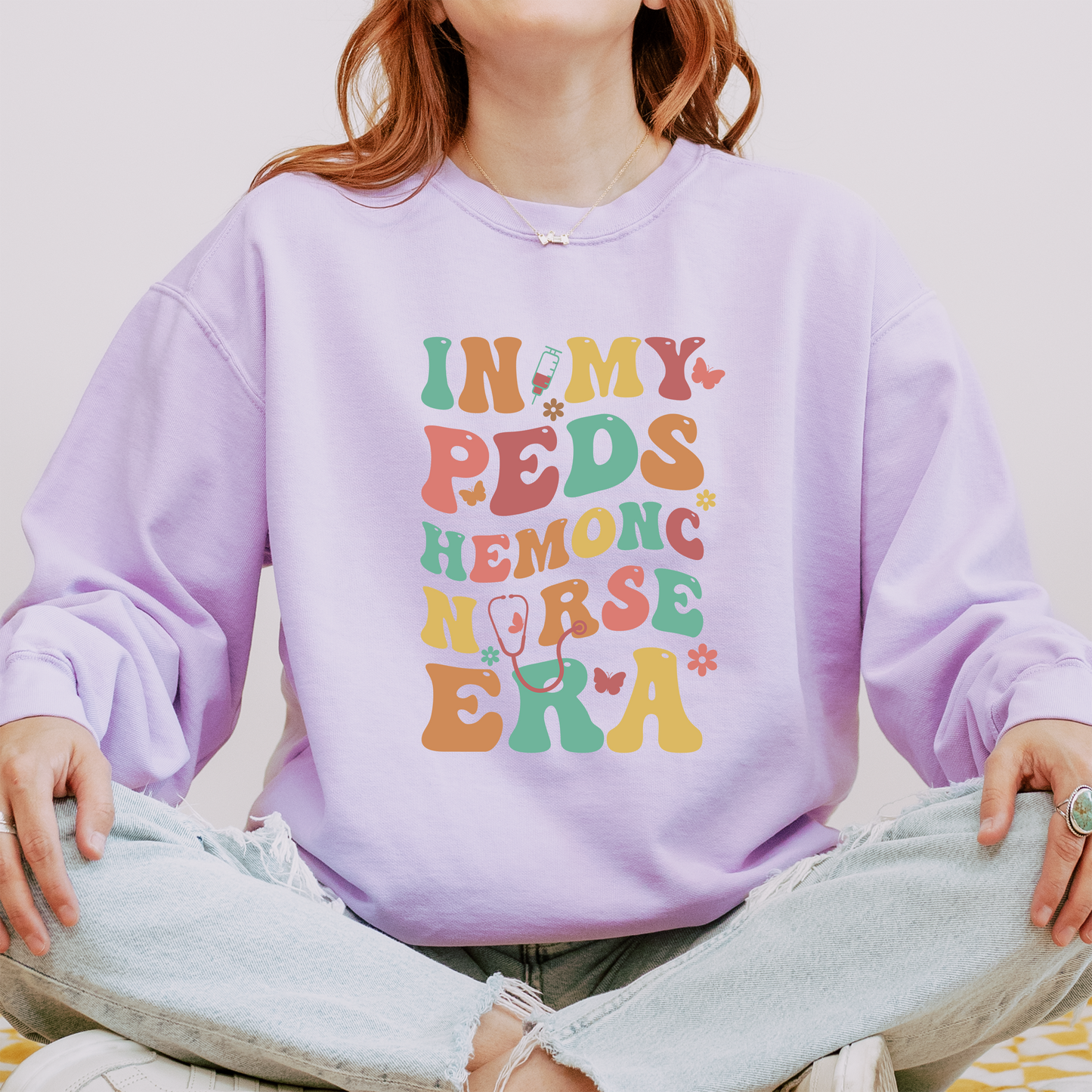 In My PEDS Hemonc Nurse Era Sweatshirt – Colorful Groovy Crewneck for Pediatric Oncology Nurses