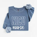 NICU nurse varsity sweatshirt with collegiate letters and script in Blue Jean