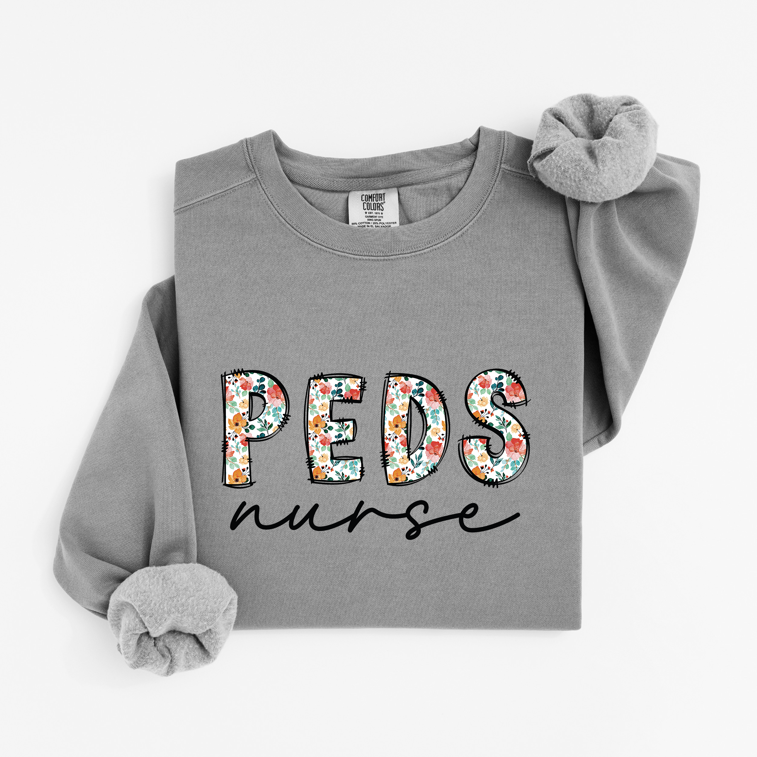 Peds Nurse Floral Crewneck (Black Script)
