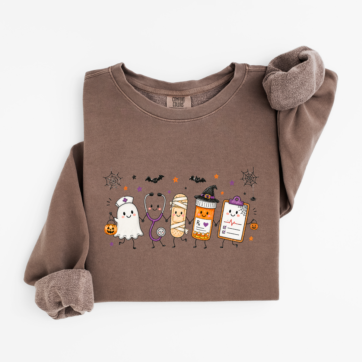 Halloween nurse sweatshirt with ghost nurse and smiling medical characters in Espresso
