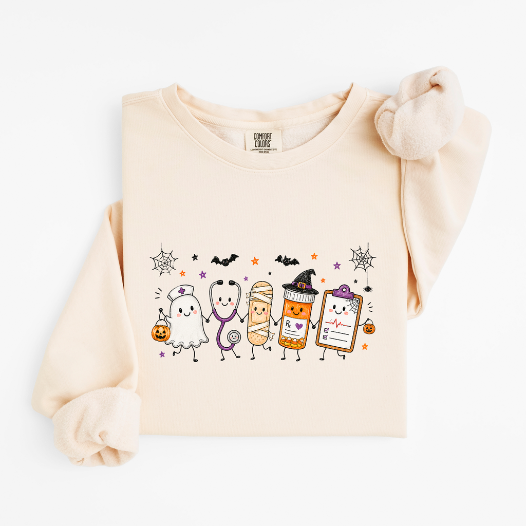 Halloween nurse sweatshirt with ghost nurse and smiling medical characters in Ivory