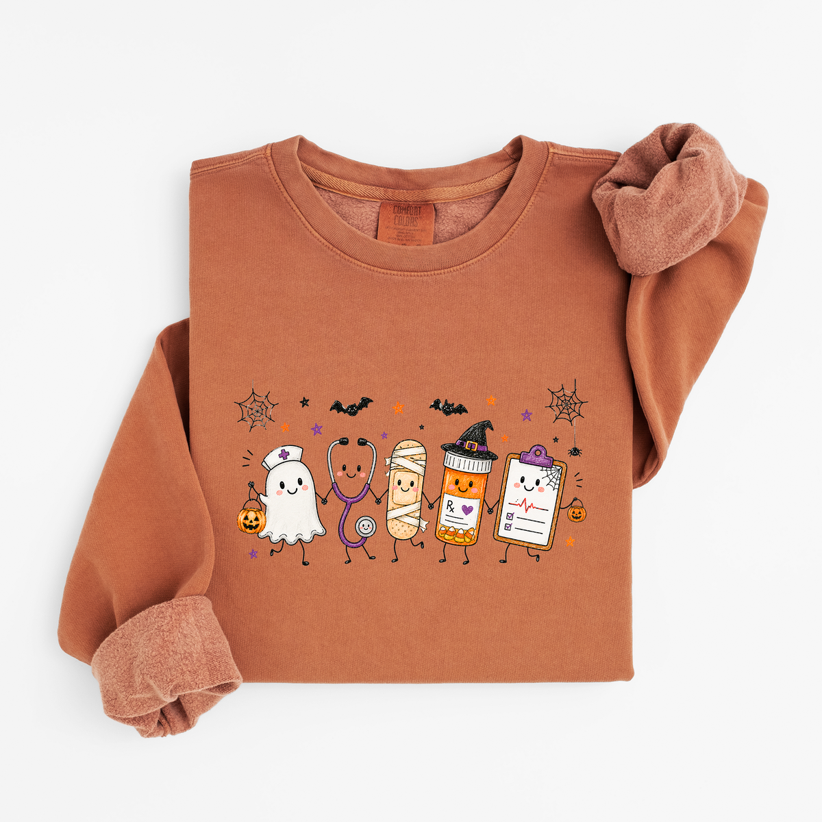 Halloween nurse sweatshirt with ghost nurse and smiling medical characters in Yam