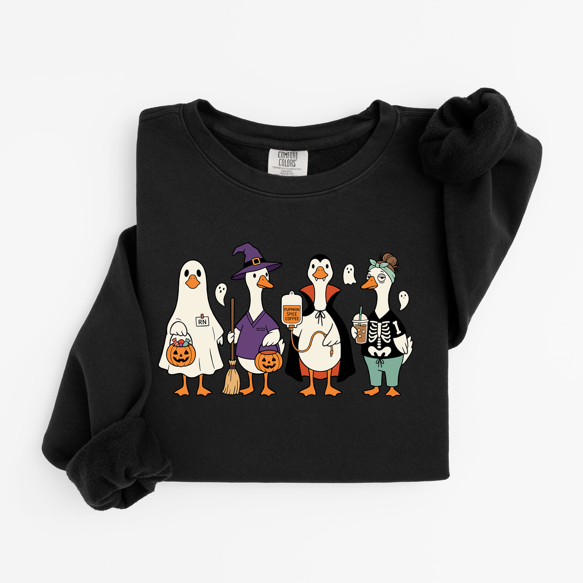 Black Halloween Nurse Geese sweatshirt flat lay, ghost, witch, Dracula and skeleton nurse geese, Comfort Colors 1466