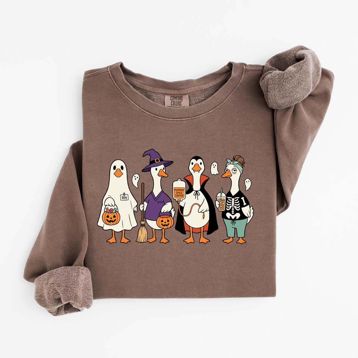 Espresso Halloween Nurse Geese sweatshirt flat lay, ghost, witch, Dracula and skeleton nurse geese, Comfort Colors 1466