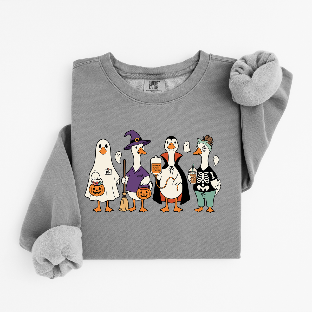 Grey Halloween Nurse Geese sweatshirt flat lay, ghost, witch, Dracula and skeleton nurse geese, Comfort Colors 1466