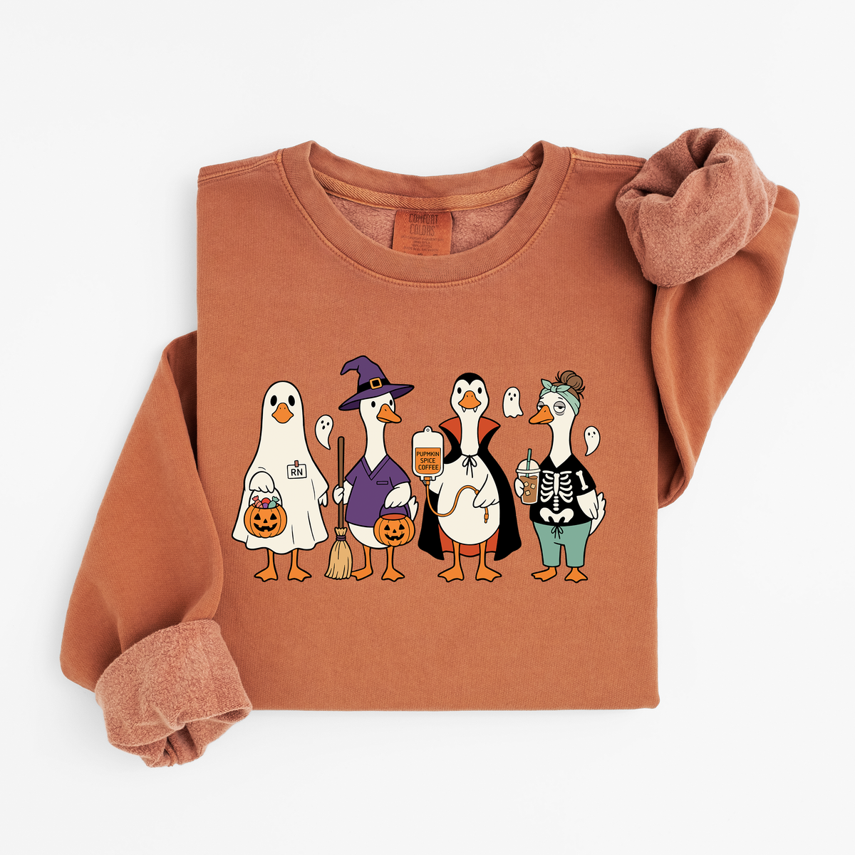 Yam Halloween Nurse Geese sweatshirt flat lay, ghost, witch, Dracula and skeleton nurse geese, Comfort Colors 1466