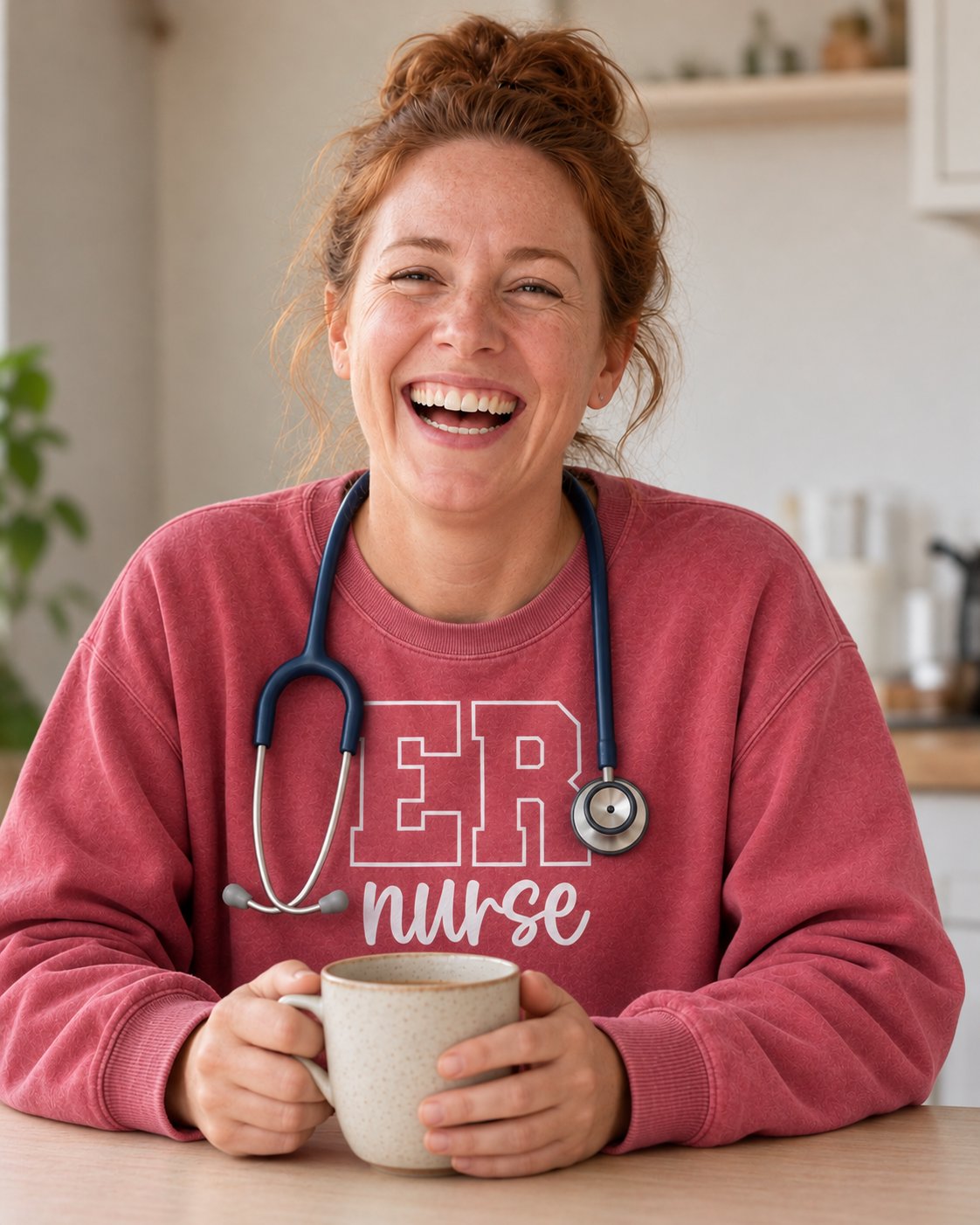 Nurse on break in a Crimson ER varsity crewneck with a stethoscope, holding a coffee mug at a kitchen counter